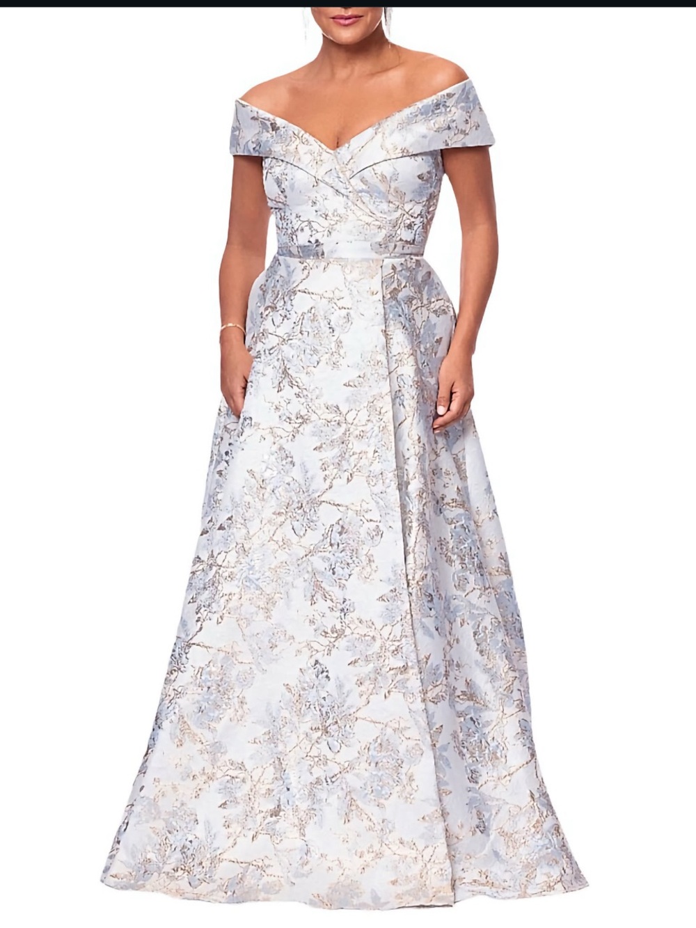Xscape Off-Shoulder Blue and Cream Floral Jacquard Gown